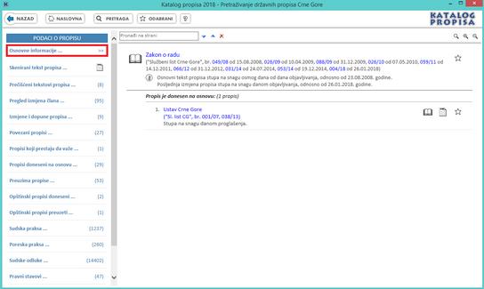 Katalog propisa - Osnovne informacije