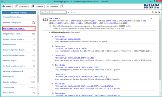 Katalog propisa - Ranija verzija propisa